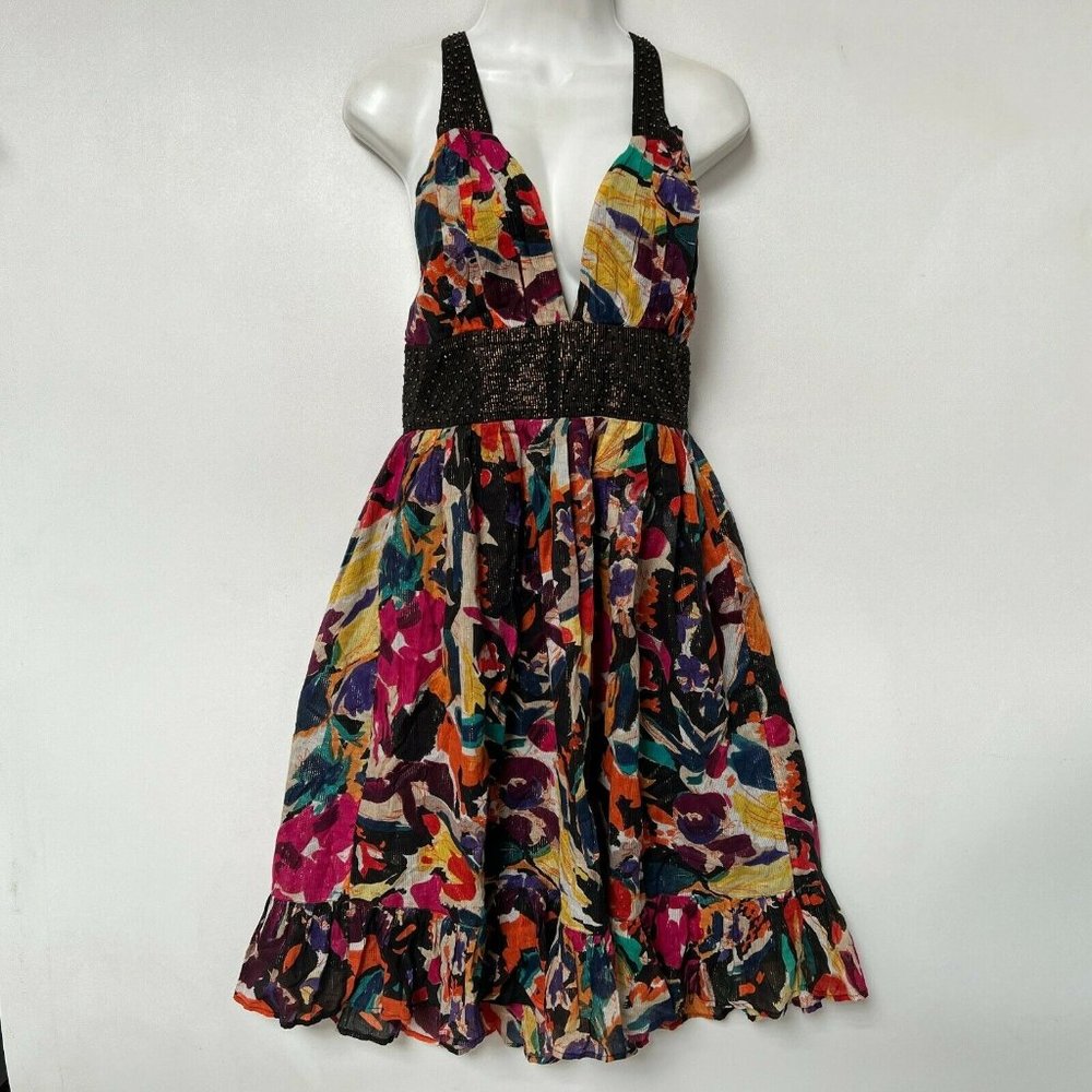 French Connection Dress Size 8 Open Back Halter Deep V Neck Floral Multicolor